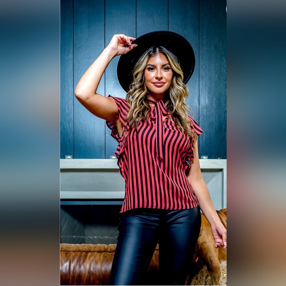 Women's STRIPED BOW TIE-NECK BLOUSE